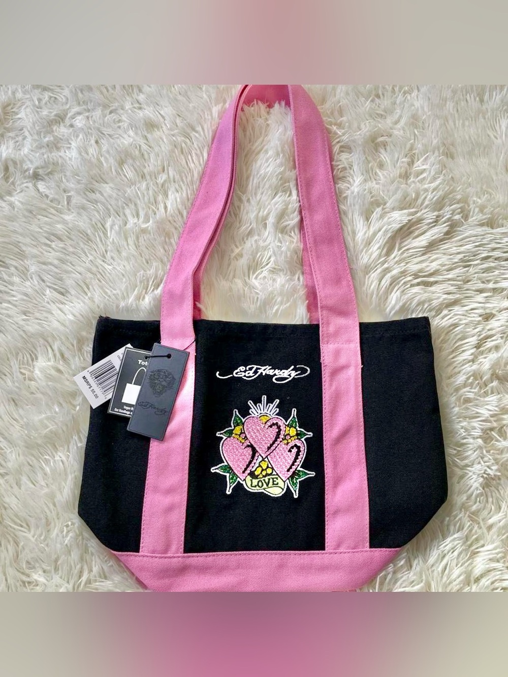 ED HARDY Black Canvas Tote with Pink Straps and Heart Embroidery